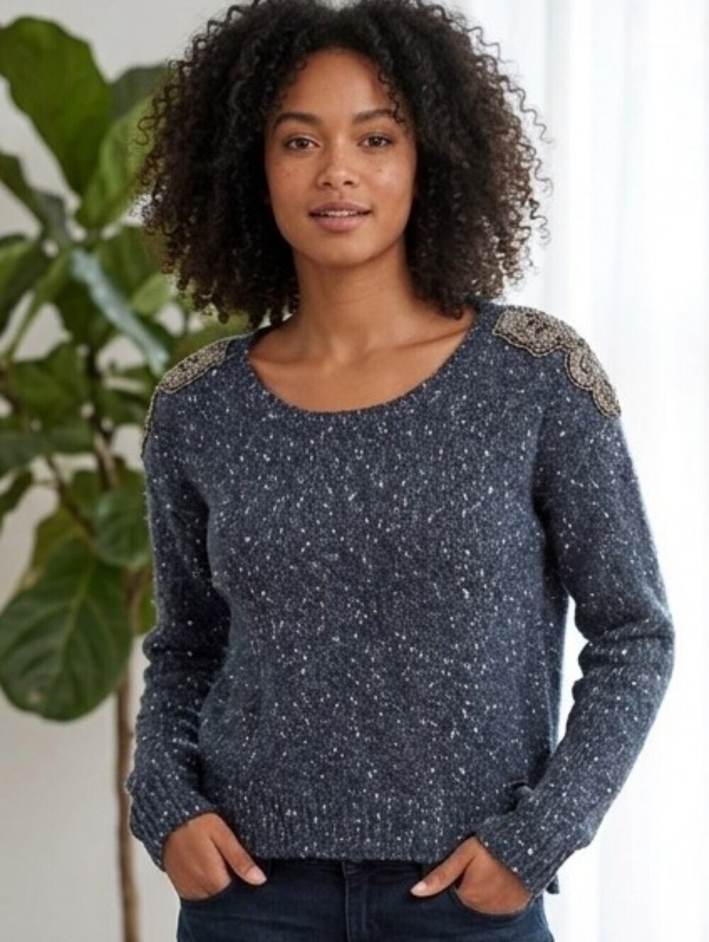 Guess Gray Mettalic Knit Wool Sweater Beaded Shoulders Blue Y2k Size Small